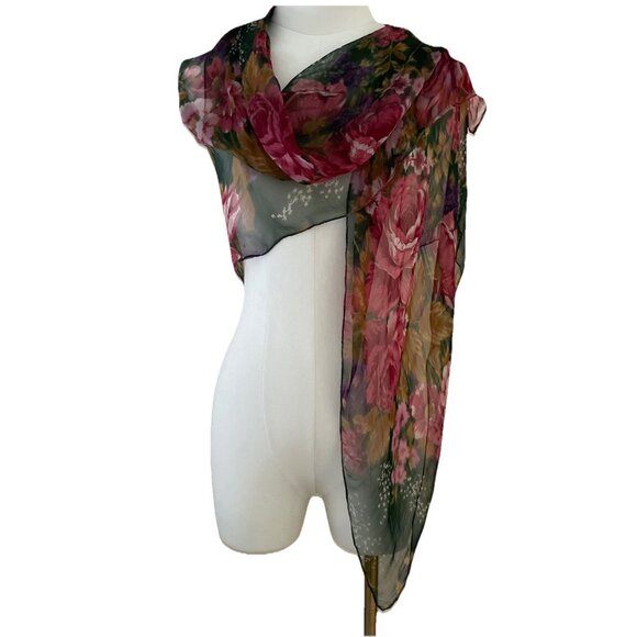 Vintage Lightweight Chiffon Scarf Wrap 39X 40" Pink Roses Floral Sheer Romantic - Picture 1 of 7